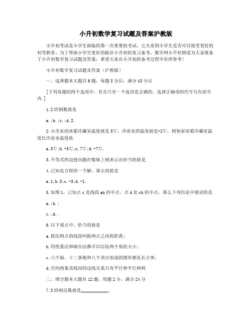 小升初数学复习试题及答案沪教版