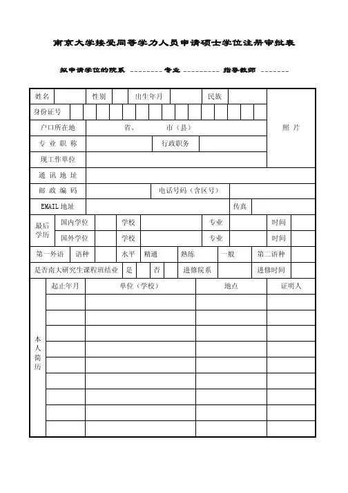 南京大学 接受同等学力人员申请硕士学位注册审批表
