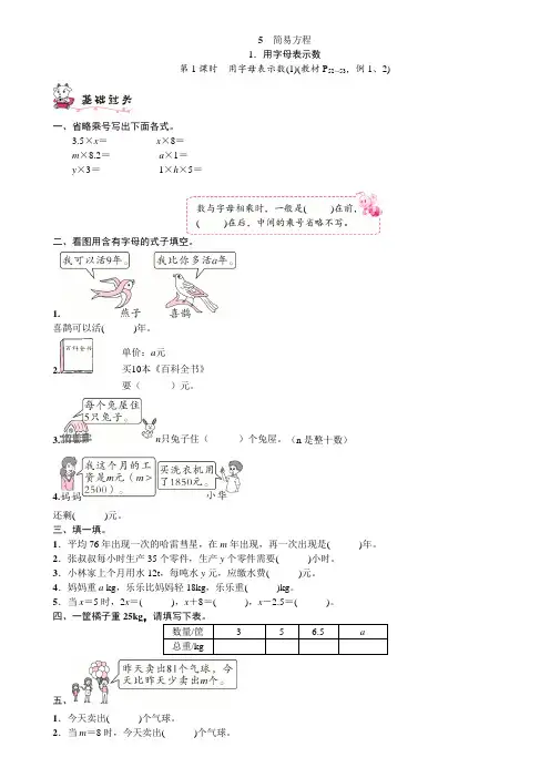 五年级数学上册试题  第五单元 第1课时 用字母表示数(1) 人教新课标(含答案)