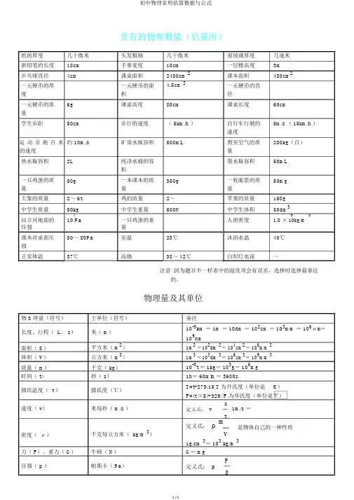 初中物理常用估算数据与公式