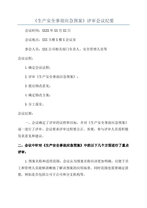《生产安全事故应急预案》评审会议纪要