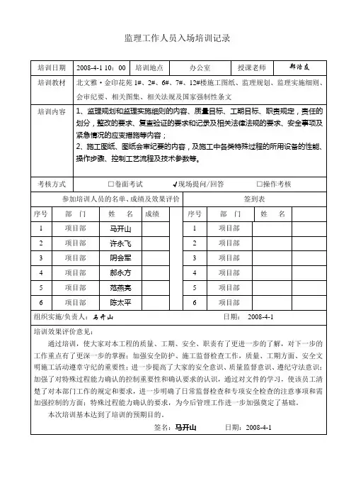 监理人员进场培训记录表