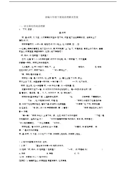 部编六年级下册阅读理解及答案.docx