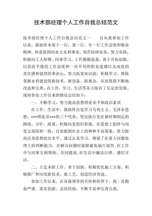 技术部经理个人工作自我总结范文