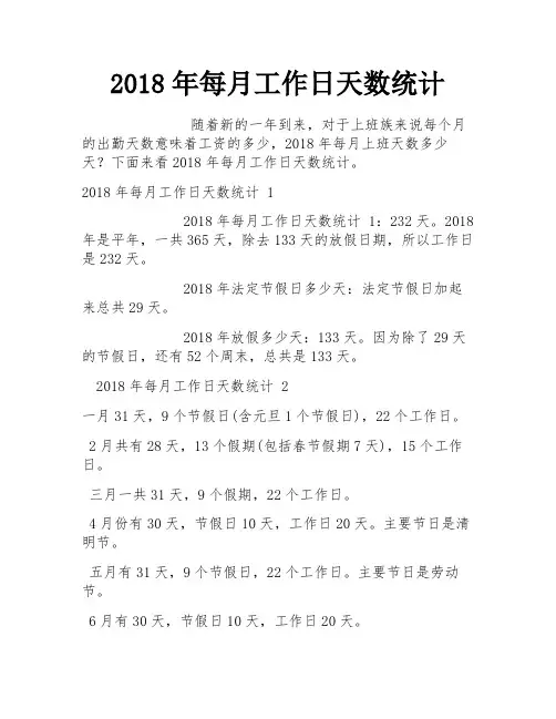 2018年每月工作日天数统计