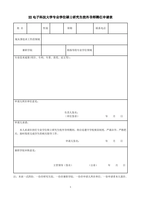 XX电子科技大学专业学位硕士研究生校外导师聘任申请表
