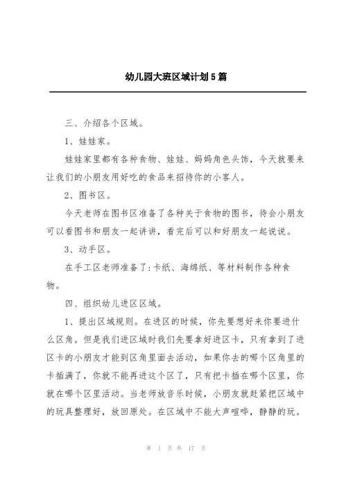 幼儿园大班区域计划5篇
