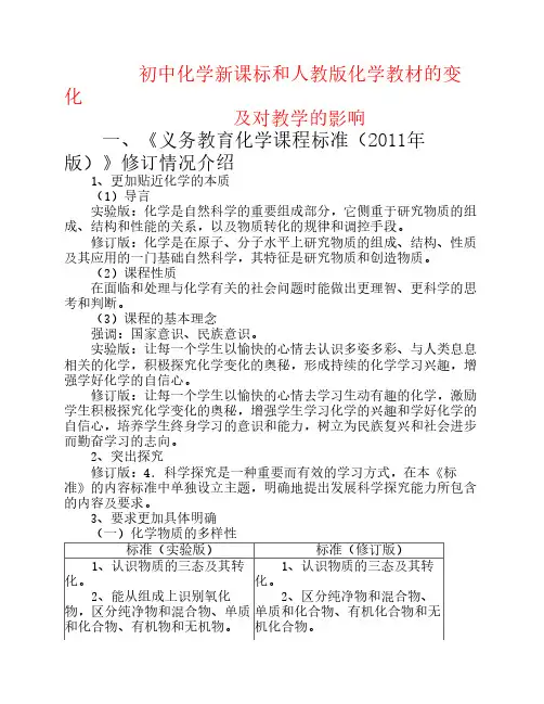 初中化学新课标和人教版化学教材的变化