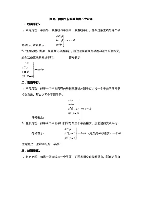 线面、面面平行和垂直的八大定理