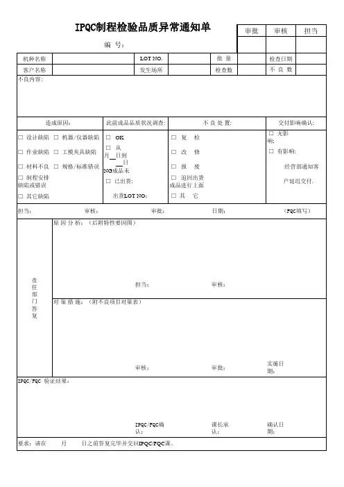 IPQC制程检验品质异常通知单