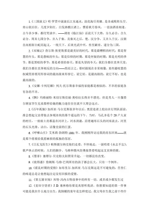 30篇文学名著开场白