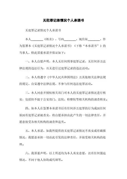 无犯罪记录情况个人承诺书
