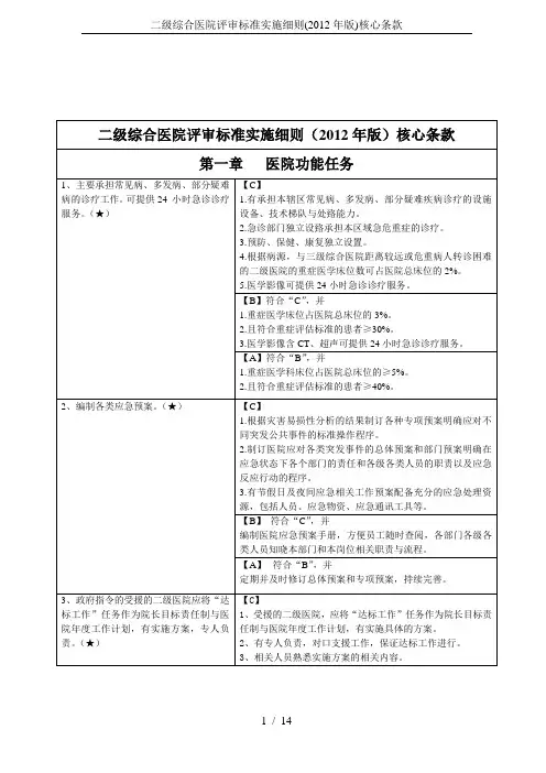 二级综合医院评审标准实施细则(2012年版)核心条款