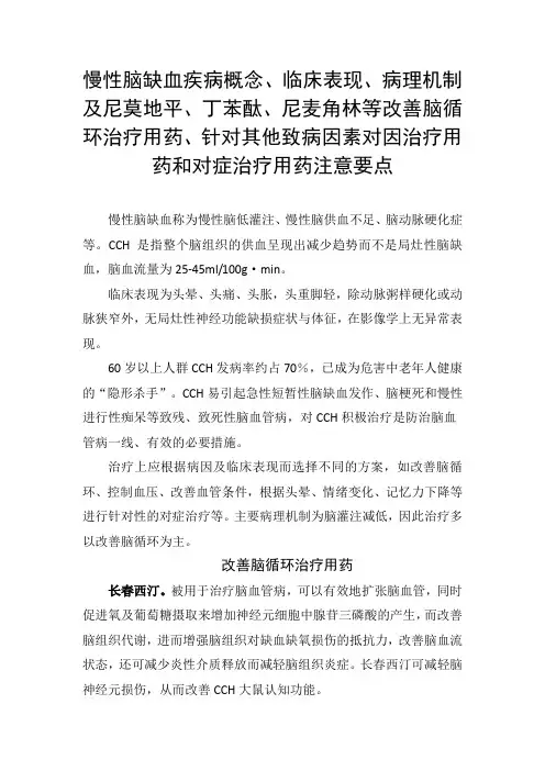 慢性脑缺血疾病临床表现、病理机制及丁苯酞等改善脑循环治疗用药、致病因素治疗用药和对症治疗注意要点