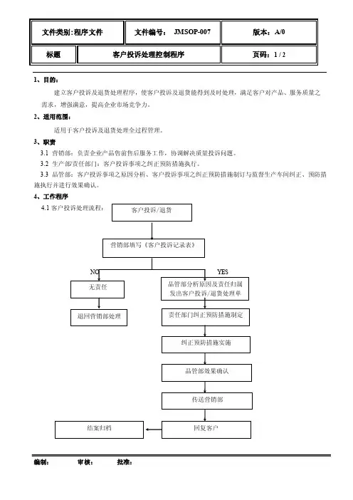 sop-007客户投诉处理控制程序