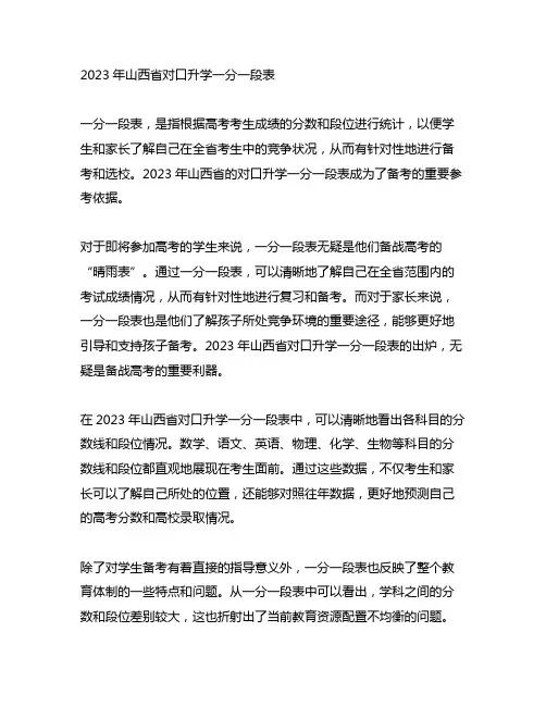 2023山西对口升学一分一段表