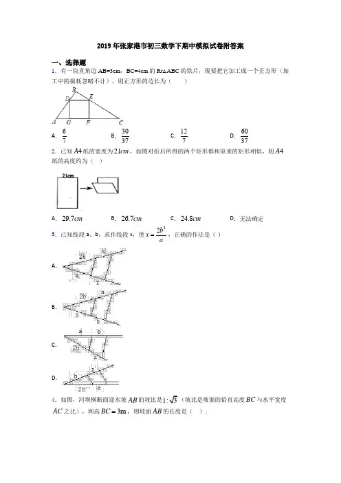 2019年张家港市初三数学下期中模拟试卷附答案