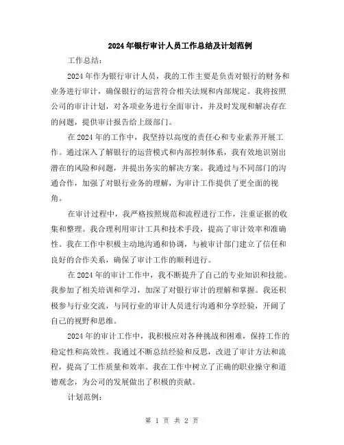 2024年银行审计人员工作总结及计划范例