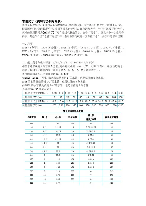管道英制与公制对照表