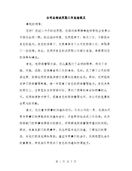 公司出纳试用期工作总结范文（3篇）