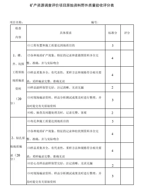 地质勘查项目野外工作原始资料野外验收评分表