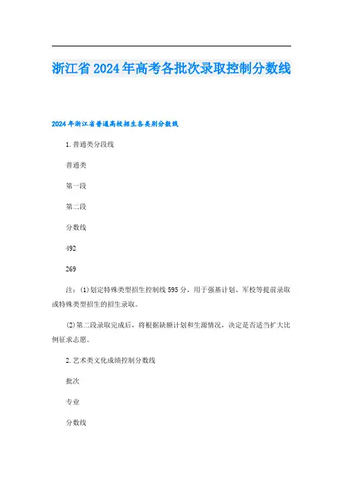 浙江省2024年高考各批次录取控制分数线