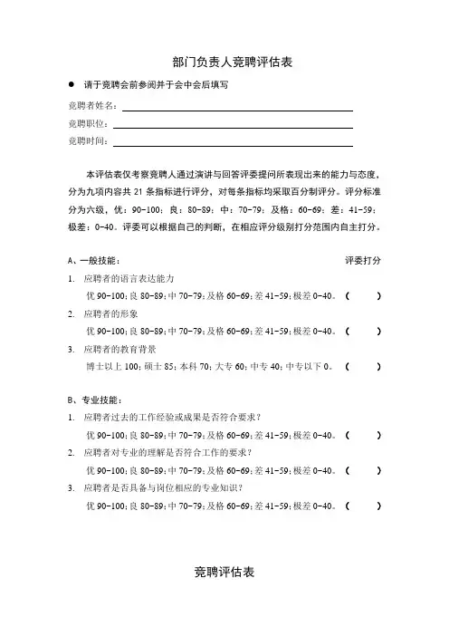部门负责人竞聘评价表