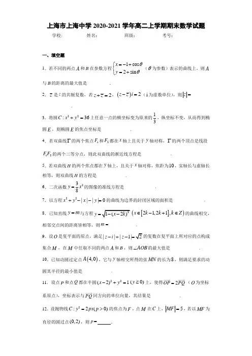 上海市上海中学2020-2021学年高二上学期期末数学试题