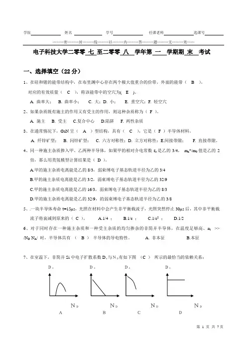 2008半导体物理期末考试试卷A-参考答案与评分标准