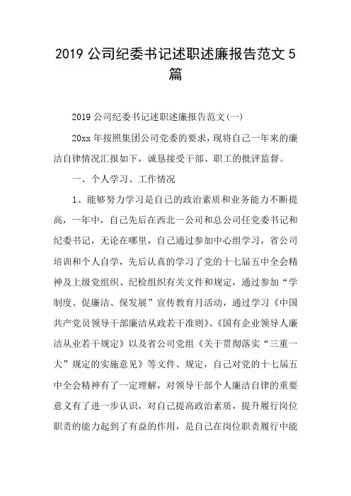 2019公司纪委书记述职述廉报告范文5篇