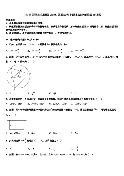 山东省菏泽市东明县2025届数学九上期末学业质量监测试题含解析