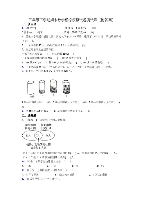 三年级下学期期末数学模拟模拟试卷测试题(附答案)
