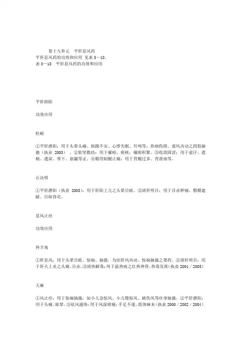 中医助理医师中药学知识点复习：第十九单元平肝息风药