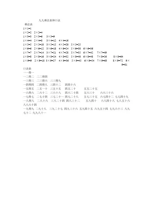九九乘法表和口诀二年级