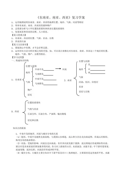 了解地区：东南亚、南亚、西亚精品复习学案加答案