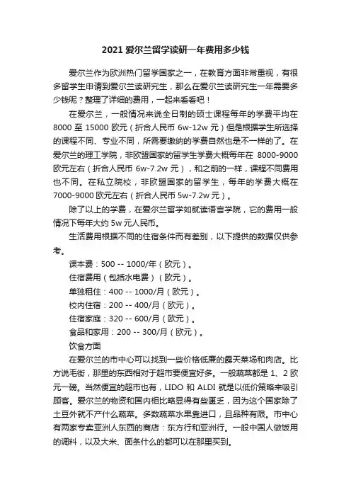 2021爱尔兰留学读研一年费用多少钱
