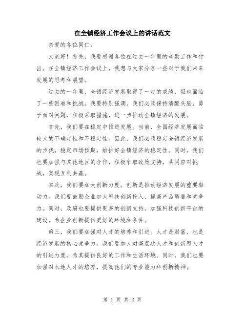 在全镇经济工作会议上的讲话范文