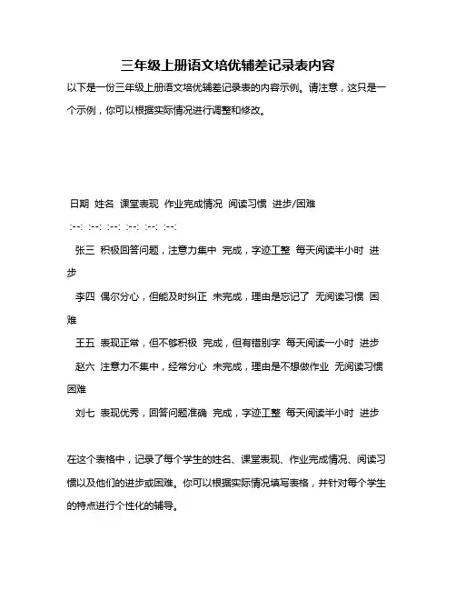 三年级上册语文培优辅差记录表内容
