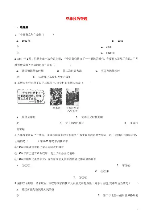 中考历史复习专题训练 亚非拉的奋起(含解析) 新人教版
