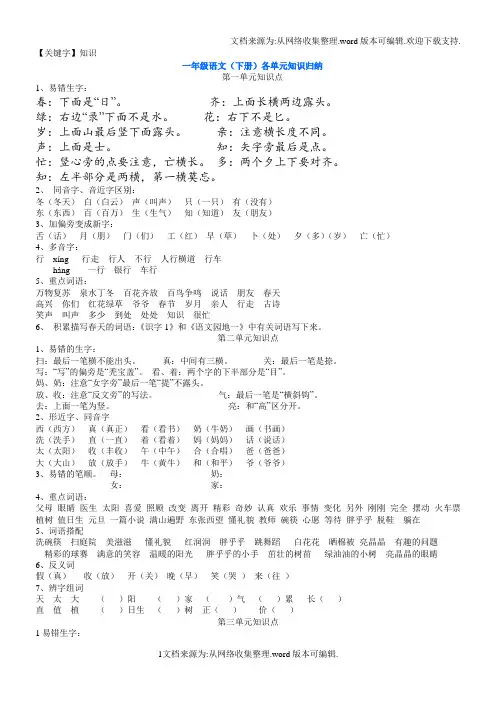 【知识】人教版一年级语文下册各单元知识归纳