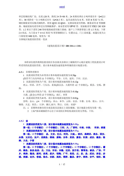 全国地区地震设防烈度一览表