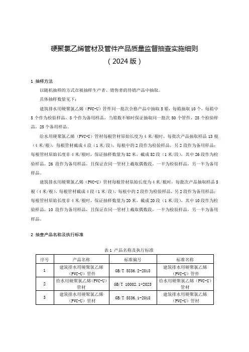 硬聚氯乙烯管材及管件产品质量监督抽查实施细则