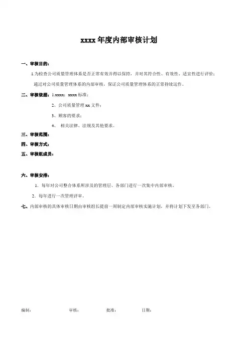 年度内部审核计划模板