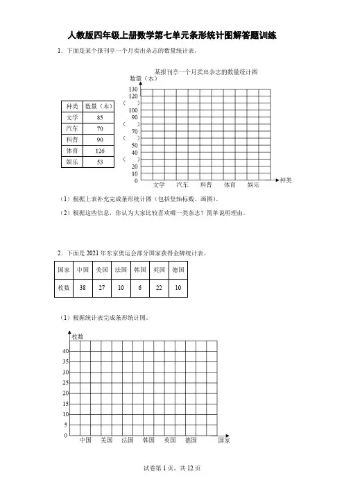 人教版四年级上册数学第七单元条形统计图解答题训练