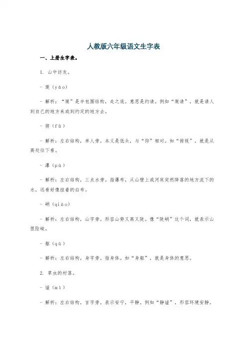 人教版六年级语文生字表