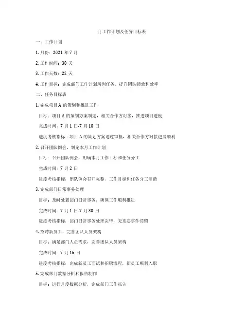月工作计划及任务目标表