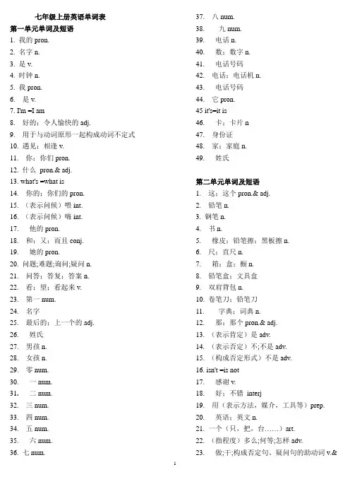 七年级上册英语单词表(汉语)人教版