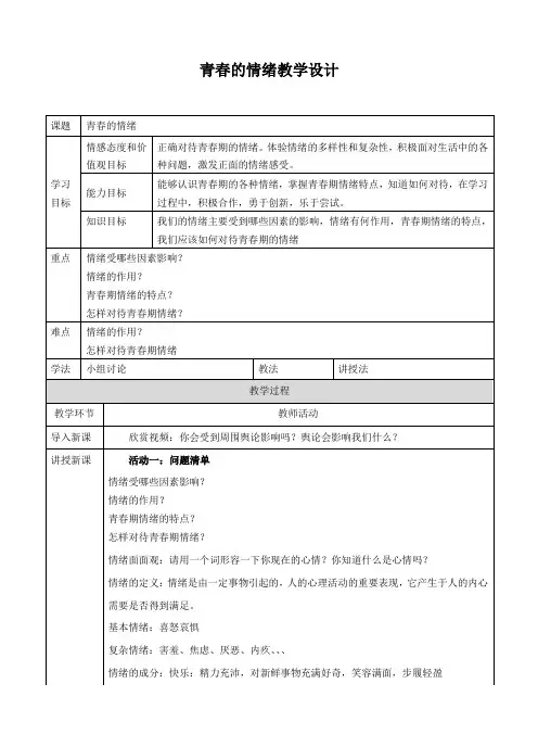 青春的情绪 教案【人教版《道德与法治》七年级下册】