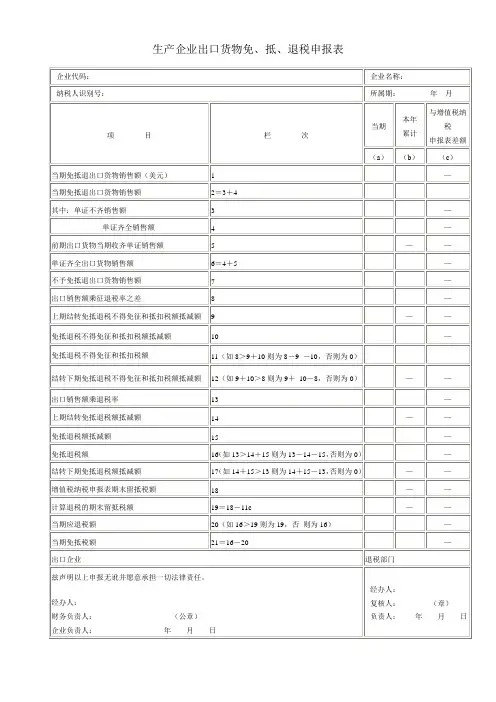 生产企业出口货物免、抵、退税申报表填写