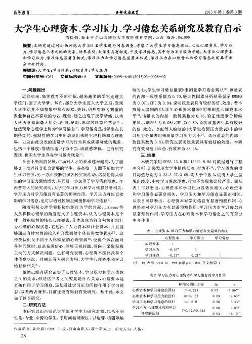 大学生心理资本、学习压力、学习倦怠关系研究及教育启示